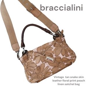 Vintage braccialini tan snake skin floral leather print peach linen satchel bag